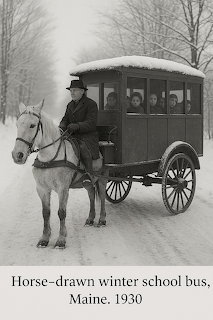 1930 a horse-drawn school bus full off unhappy people