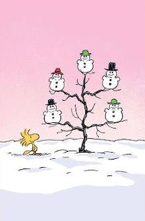 Woodstock and a snowman tree