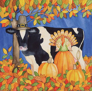 Thanksgiving Cow and Turkey in Leaves with Pumpkins